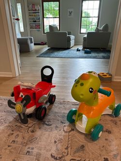 Kids riding toys- Fisher-Price Go Baby Go! Stride-to-Ride Dino and Dusty the Airplane from Disney’s Fire and Rescue