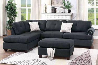 3 Piece Black Sectional Sofa With Ottoman
