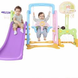 5 In 1 Kids Indoor And Outdoor Slide Swing And Basketball Football Baseball Set lwang10 Color: 