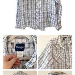 Men’s Wrangler Western Long Sleeve Plaid Pearl Snap Shirt Size XL Black White