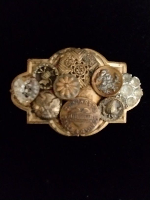 Unique Vintage Large Handmade Gold Tone Button Brooch