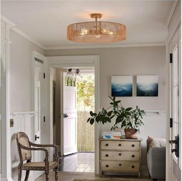 ZSRACHIU 24'' Rattan Flush Mount Ceiling Light Fixture 5 Light Large Boho Light Fixtures with Hand Woven Shade Modern Rattan Chandelier for Bedroom