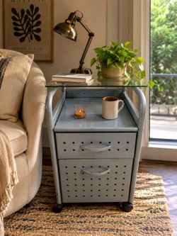 “Industrial rolling storage cart / file cabinet cart with glass top”