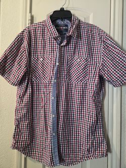 Ecko Unltd. short-sleeve shirt red, white,& blue checkered plaid pattern mens sz XL