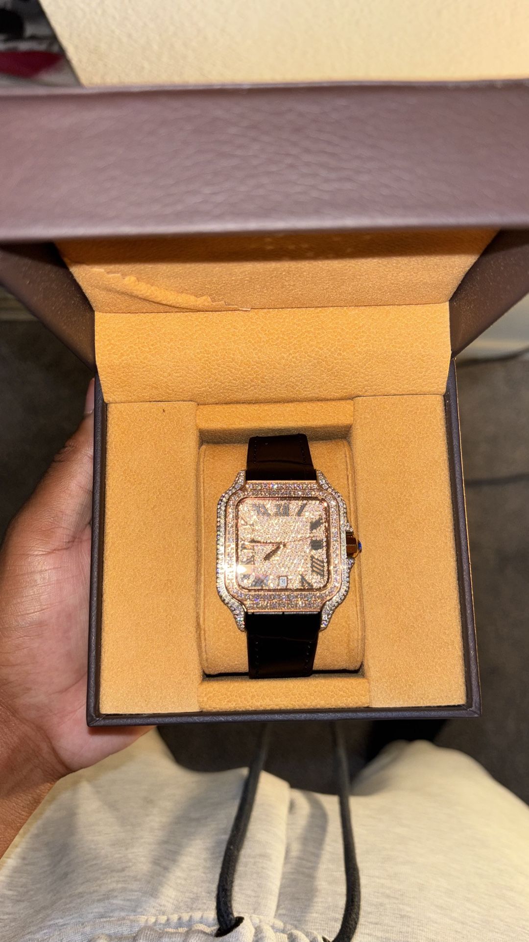 Rose gold watch with Arabic dial and diamonds