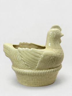 Vintage Cottagecore Ceramic Chicken Hen Planter with Woven Basket Base