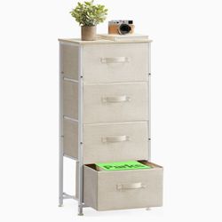 Dresser with 4 Drawers, Tall Storage Tower with Sturdy Steel Frame Wood Top，Fabric Dresser Organizer Unit for Bedroom, Hallway, Entryway, Closets