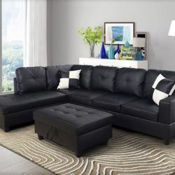 Modern Black Sectional Couch , Leather 