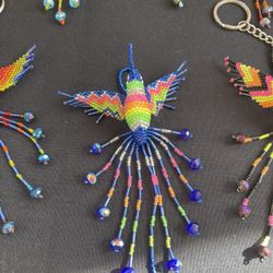 Huichol Beaded Hummingbird Keychain Handmade Bird Key Ring Mexican Folk Art 6” Purple Rainbow