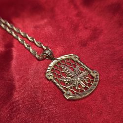 10k Gold Rope Chain & Marijuana Leaf Pendant 