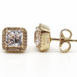 14K Yellow Gold PANDORA G585 ALE Square Halo CZ Stud Earrings 3g