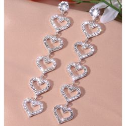 Extremely Shiny Rhinestone Heart Earrings Valentines Mother's Day Gift Silver 
