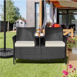 Patio Loveseat, Outdoor Wicker Double Chair w/Side Table