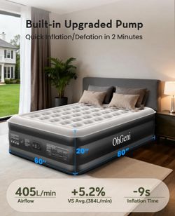 OhGeni 20" Queen Air Mattress (1-Pack) with Built in Pump, Inflatable Blow Up Bed, Upgraded Air Column Support for Enhanced Stability, Raised Height f