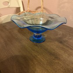 Blue Hand Blown Candy Fruit Dish 