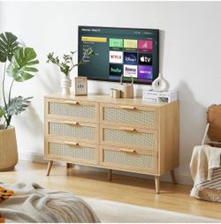 Modern Wood 6-Drawer Dresser / TV Console – Rattan Front