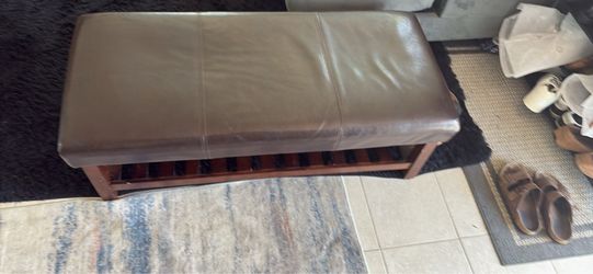 Brown Leather Bench Ottoman – Solid Wood Base & Shelf