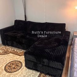 Stylish Black Sectional Sofa Fur- Like Jumbo Corduroy 