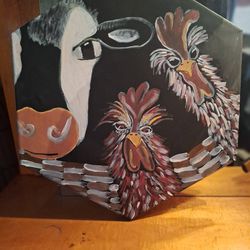 1/2 Cow And 2 Roosters Painting