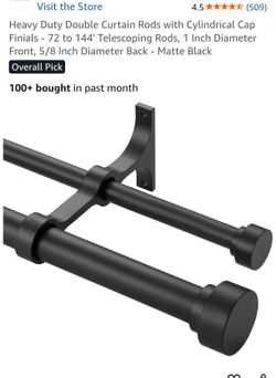 Heavy Duty Double Curtain Rods with Cylindrical Cap Finials - 72 to 144' Telescoping Rods, 1 Inch Diameter Front, 5/8 Inch Diameter Back - Matte Black