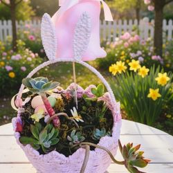 9 In Wide EASTER Basket Of SUCCULENTS AND Bunny