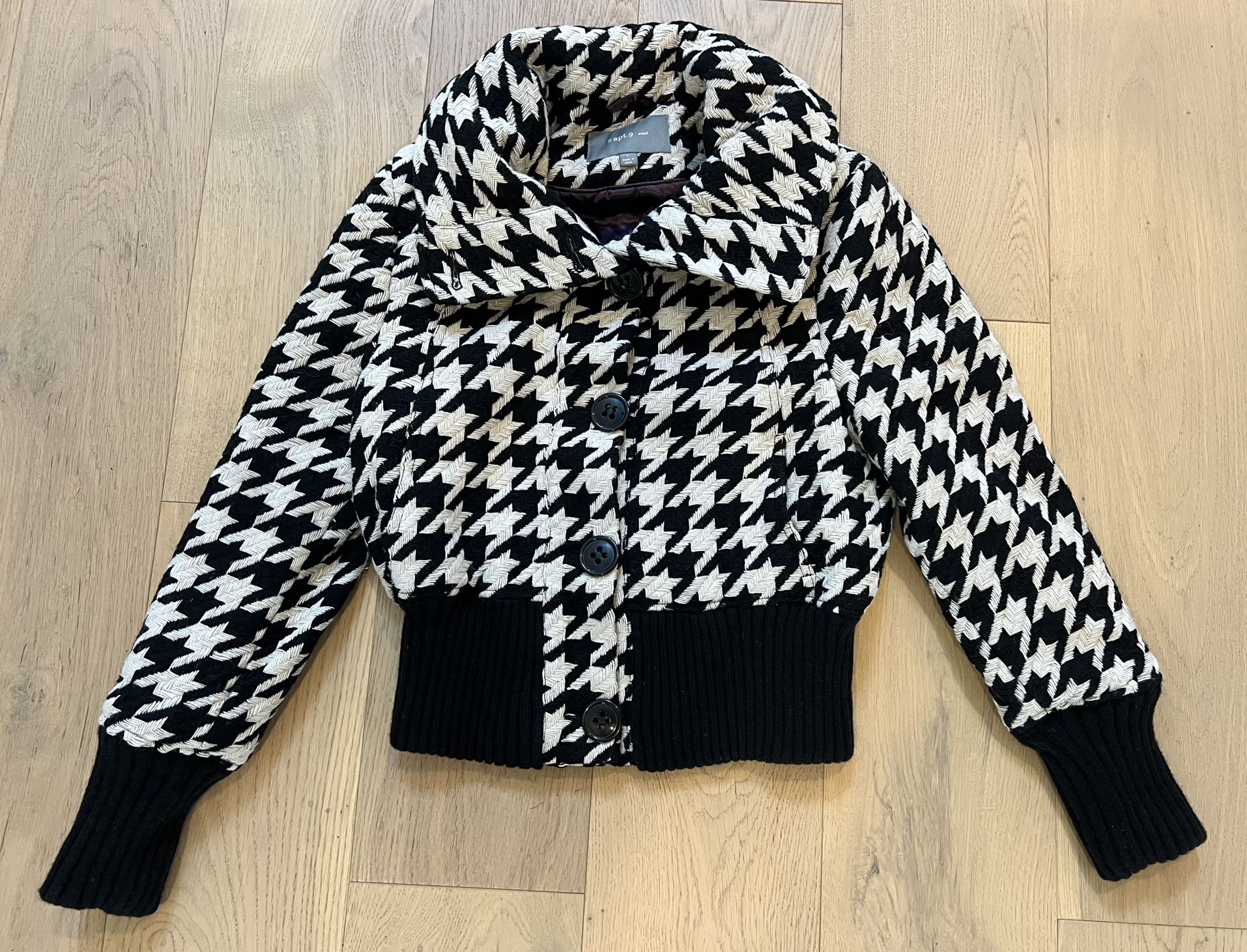 APT 9 Black & White Houndstooth Wool Coat Button Up Bomber Jacket with Cowl Neck and Fitted Waist, Size Large* *See pics with measurements since thi