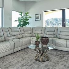 Brand New Top Grain Leather Power Light Grey Sectional