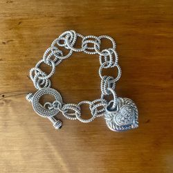 Judith Ripka Sterling Silver Link Bracelet with Heart Charm size 6.5”
