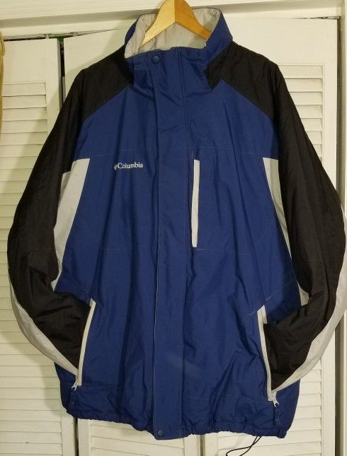 COLUMBIA SKI HIKING TRAIL JACKET FULL ZIP HOODED BLUE BLACK WHITE MEN'S XL EUC