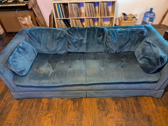 Vintage 1970s Stratford blue velvet couch and loveseat with a hide a bed