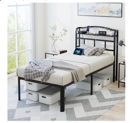 Black Metal Platform Bed Frame with Headboard Shelf