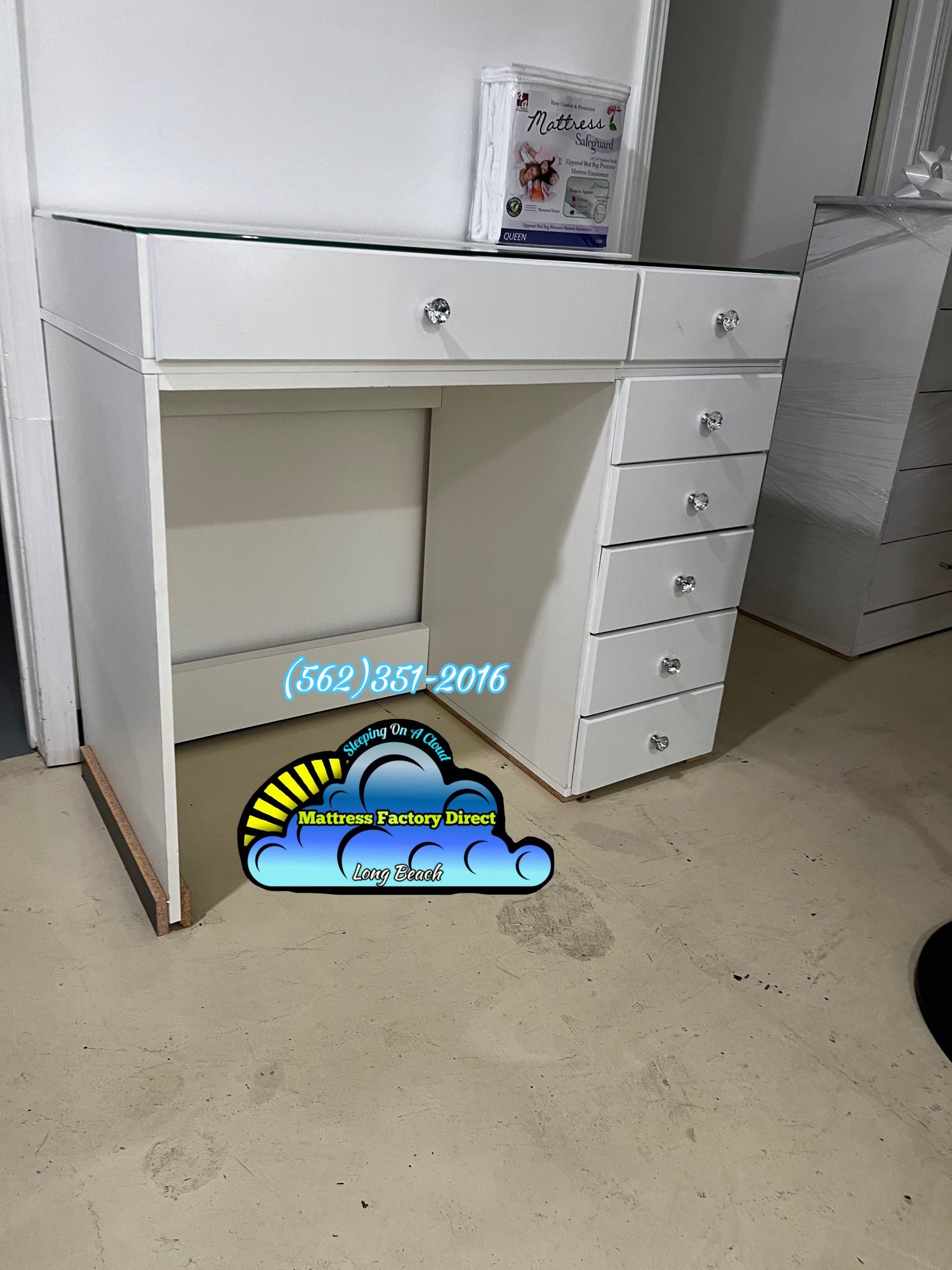 Vanity Desk White Glass Top Seven Drawer 