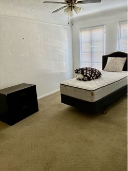 Twin XL, headboard, and file cabinet.