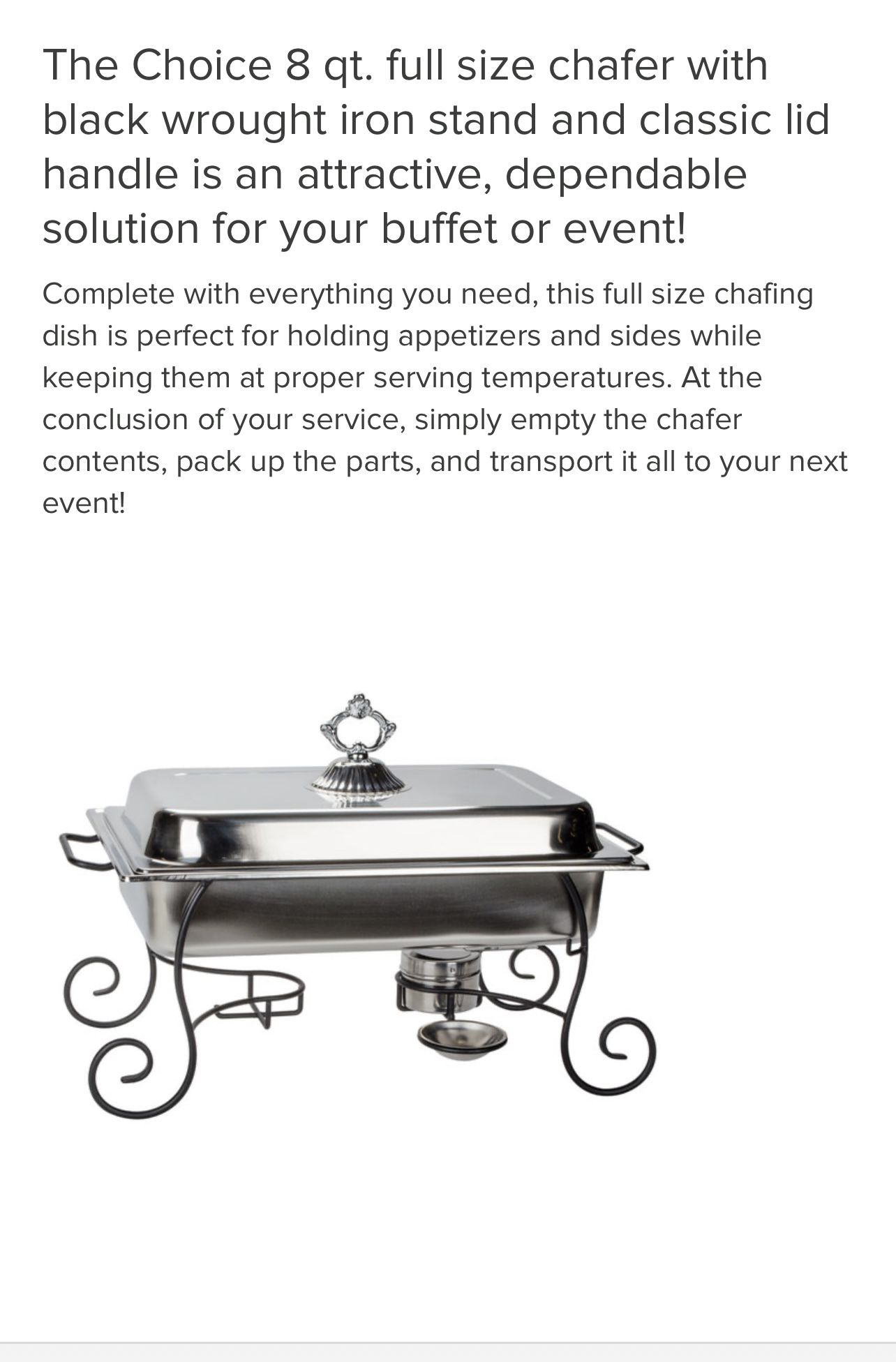The Choice 8 qt.full Size Chafer With Black Wrought Iron Stand
