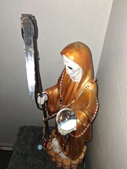 Santa Muerte Gold Statue with Scythe and Crystal Ball