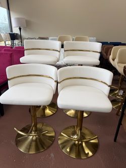 White Faux Leather Bar Stools with Gold Base – Set of 4