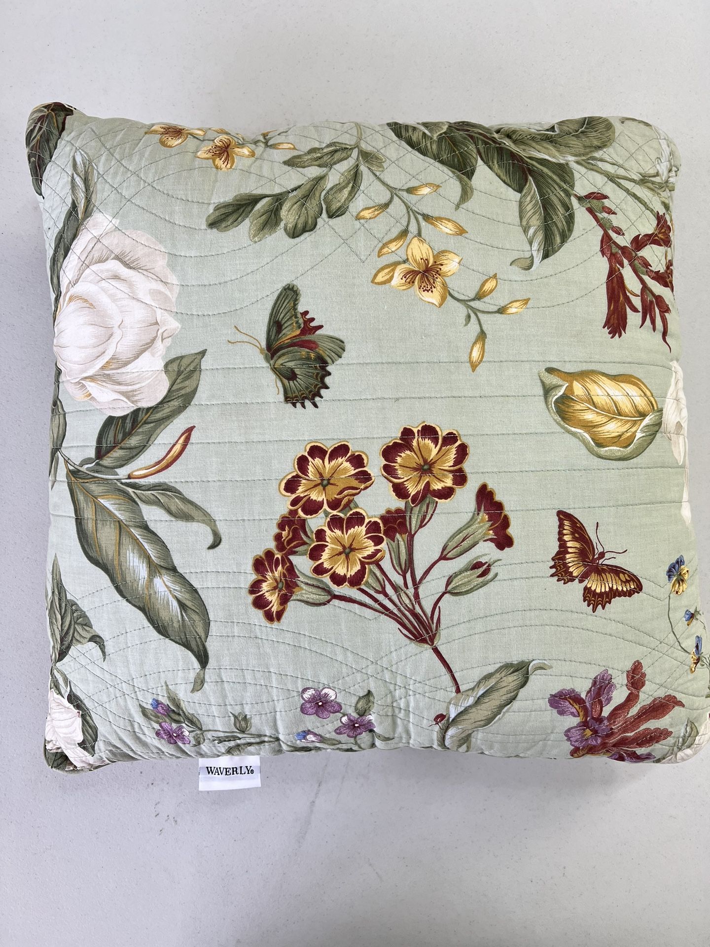 Waverly Floral and Butterfly Pillow, Light Green Background