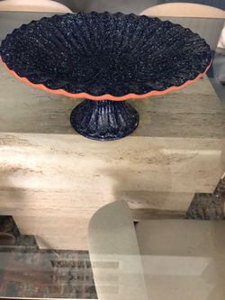 Vintage MCM Studio Nova Blue Speckled Scalloped Pottery Cake Stand / Dessert Tray