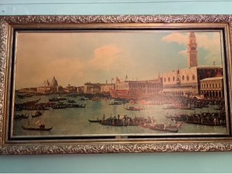 Painting depicting Venice, Italy, with gilt frame, 31 x 56 inches.