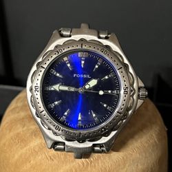 FOSSIL Men's Watch … VINTAGE Blue Silver Tone Stainless Steel W/Date, Black Dial