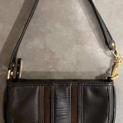 Michael Kors Vintage Small Brown Leather Shoulder Bag Mini Wristlet Gold Hardware Top Zip