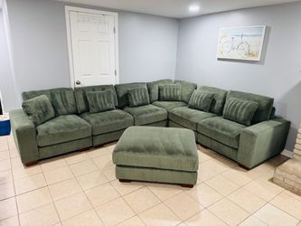 FREE DELIVERY AND INSTALLATION - Large Green Corduroy Sectional Sofa + Ottoman – New in box 📦