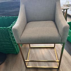 RH EMERY Slope Arm Fabric Counter Stool — Brushed Brass / Performance Two-Tone Linen (Dove) 