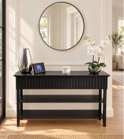 Modern Fluted Console Table, Narrow Long Behind Couch Sofa Entryway Table with 3 Drawers & 2-Tier Open Shelf, Black