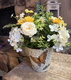 Ht-13in Width-16in HANDMADE artificial Floral In A Butterfly Pail