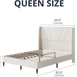 Queen Bed Frame with 51.2" Tall Curved Wingback Headboard, Linen Upholstered Platform Bed, Soft Fabric/Noise-Free/Wooden Slats Support/No Box Spring N