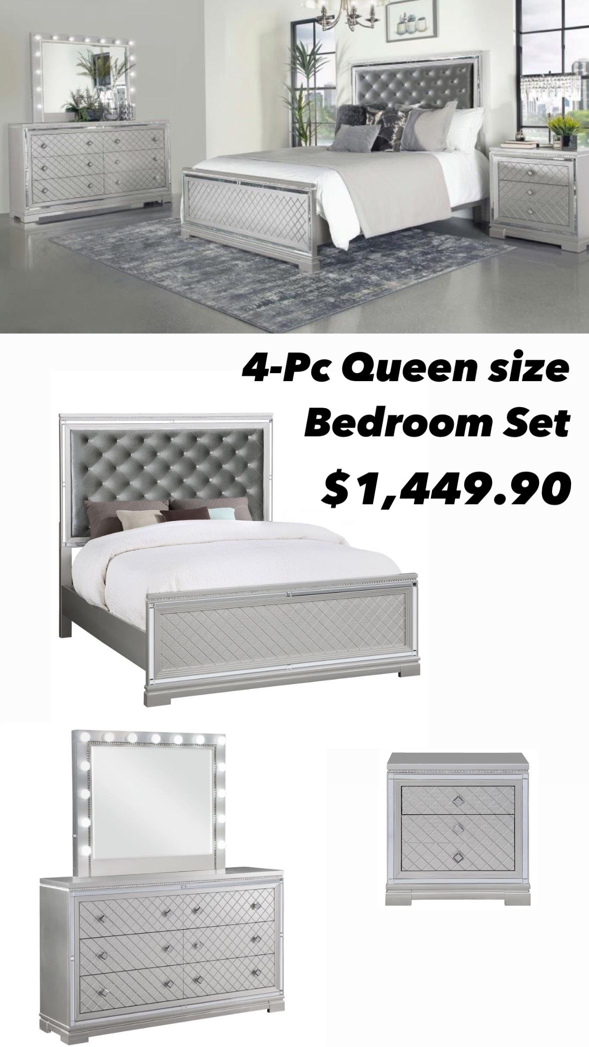 4-Pc Queen Size Bedroom Set. $53 Down Payment