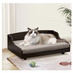 Curipeer Pet Couch Sofa Bed for Cats and Small Dogs, Espresso Wooden Frame with Foam Cushion, Classy Traditional Style Elevated Cat Bed Cat Furniture