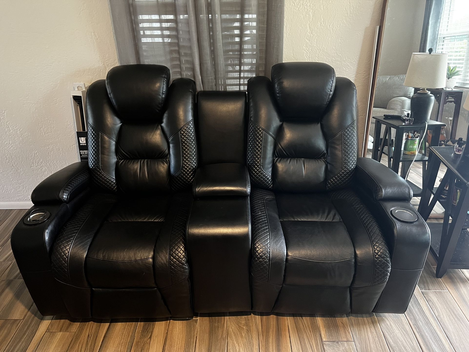 Black Leather Couch, Dual Reclining Foot And Headrests