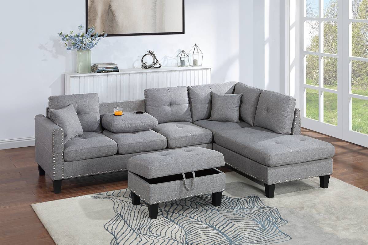 Gray Sofa Sectional w/ Drop Down Cup holder & Storage Ottoman